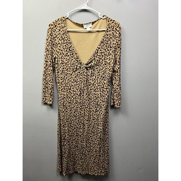 Ann Taylor Loft Dress Womens 6 Tan Brown Leopard Cheetah‎ Print Plunge - Picture 1 of 6